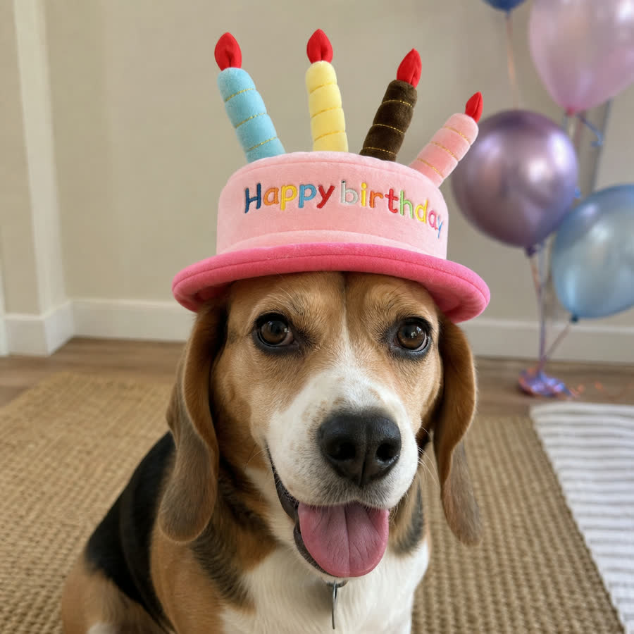 Beagle wearing a pet birthday hat at home