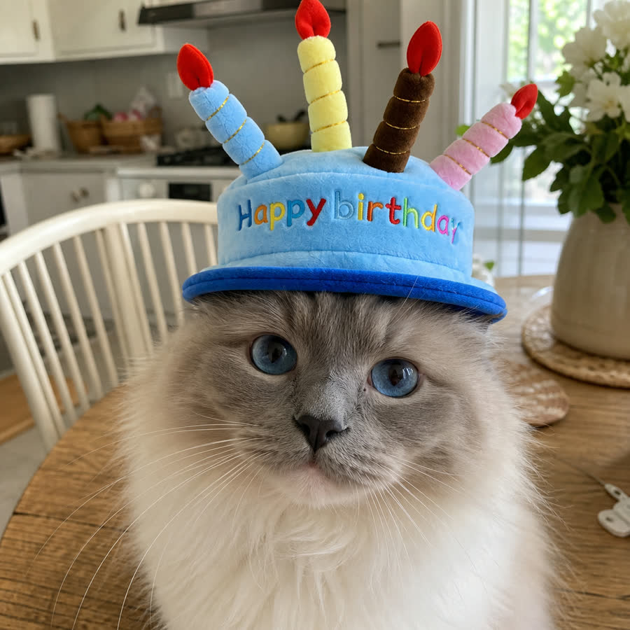 Ragdoll cat wearing the Pet Birthday Hat by a table