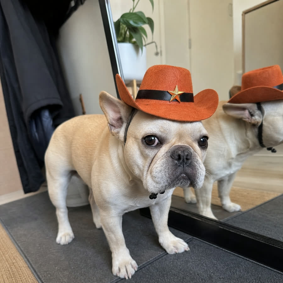 cream French bulldog with Pet Cowboy Hat - Bundle Add-On in a apartment entryway mirror