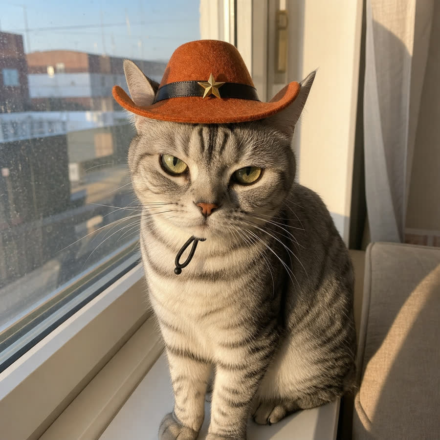 silver tabby cat with Pet Cowboy Hat - Bundle Add-On in a window ledge with afternoon light