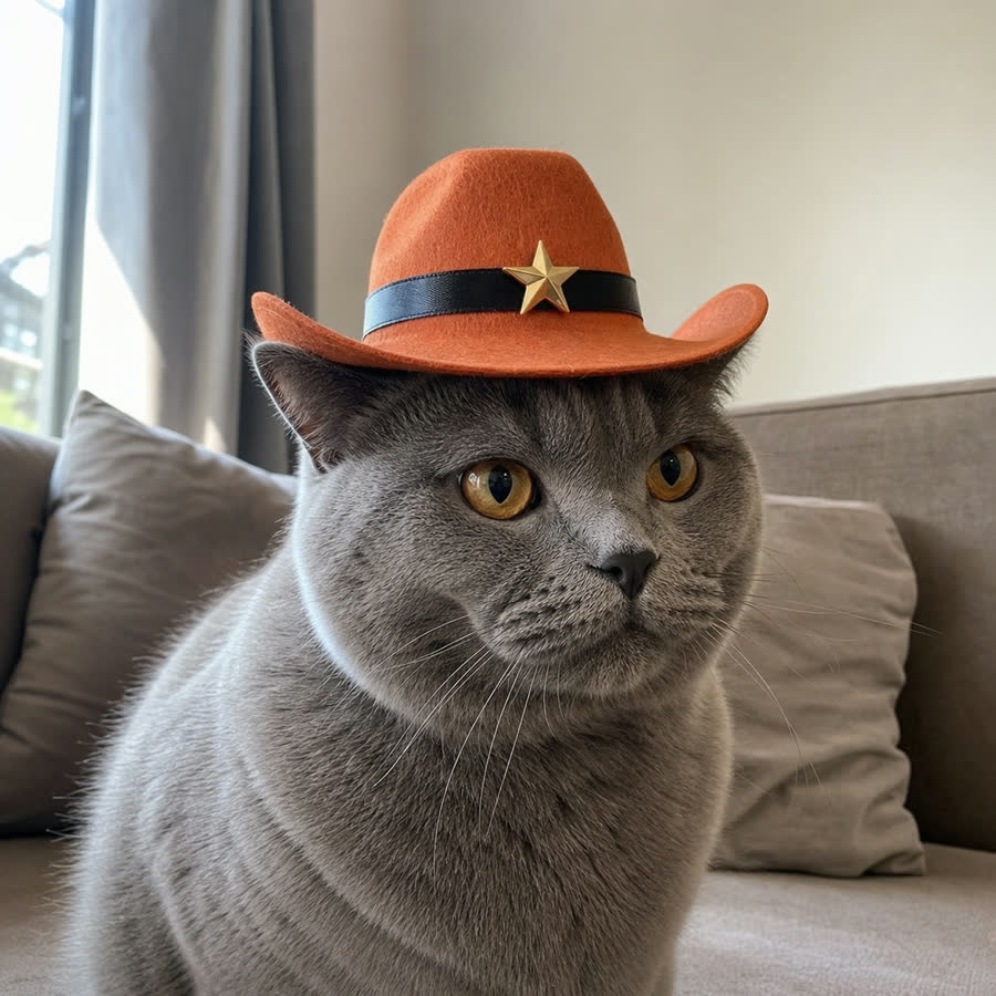 British shorthair cat with Pet Cowboy Hat in a low sofa in natural light