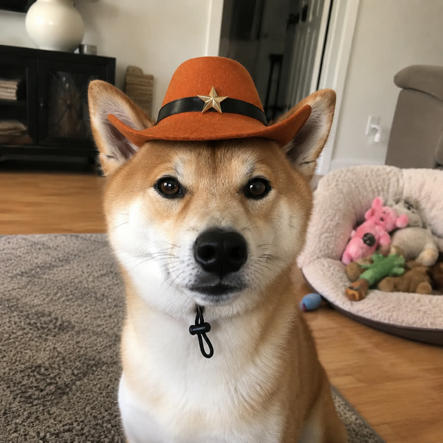 Shiba Inu with Pet Cowboy Hat in a living room with toys in the background