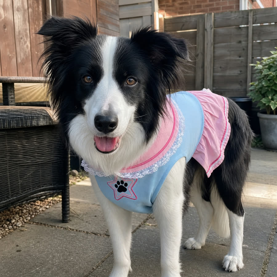 black-and-white border collie with Pet Sailor Outfit in a back patio after a walk