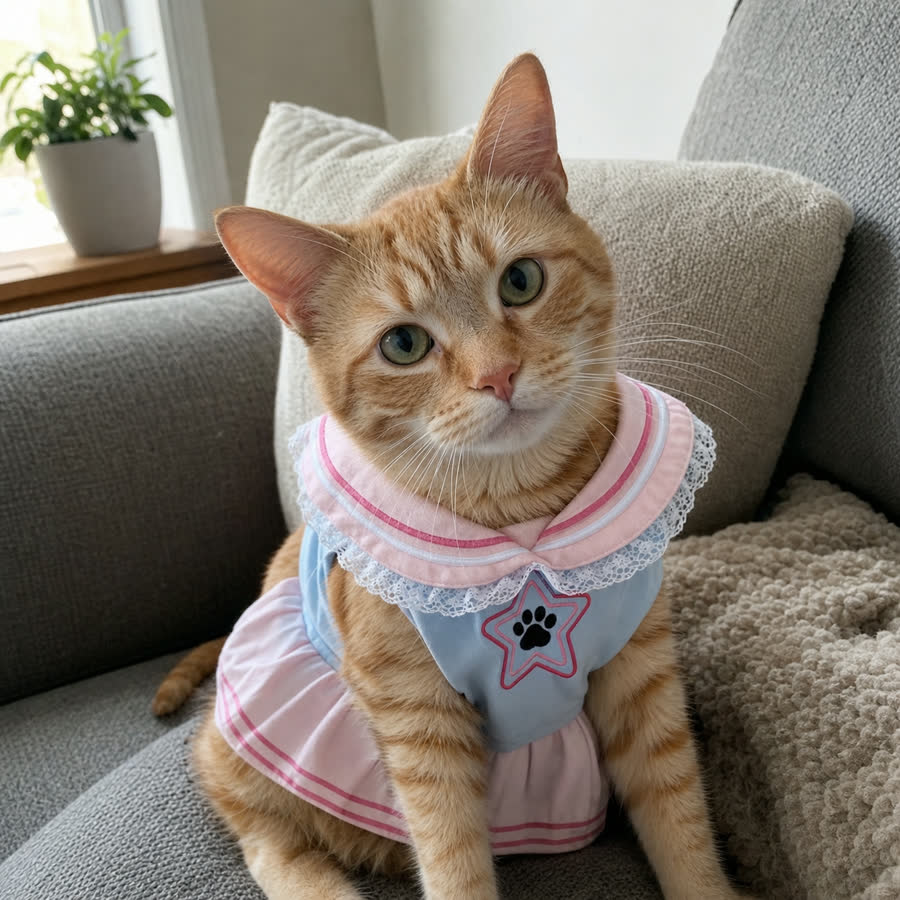 orange tabby cat with Pet Sailor Outfit in a cozy sofa corner