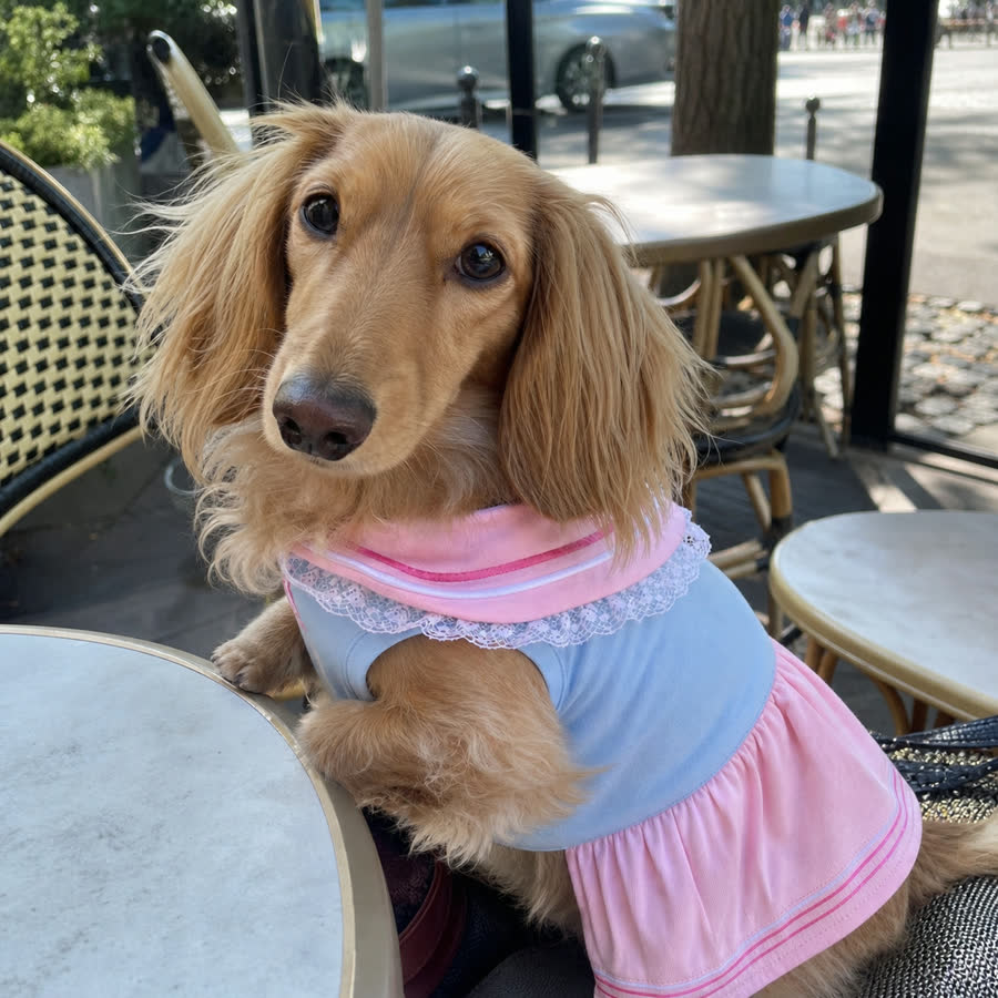 small tan dachshund with Pet Sailor Outfit in a sidewalk cafe table
