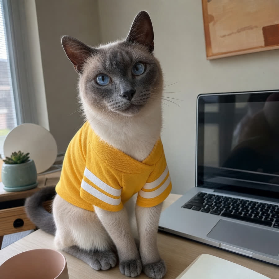 blue point Siamese cat with Pet Sport Outfit in a clean desk beside a laptop