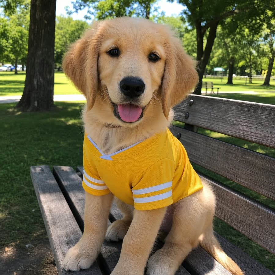Golden retriever puppy wearing a sporty pet outfit on a sunny bench