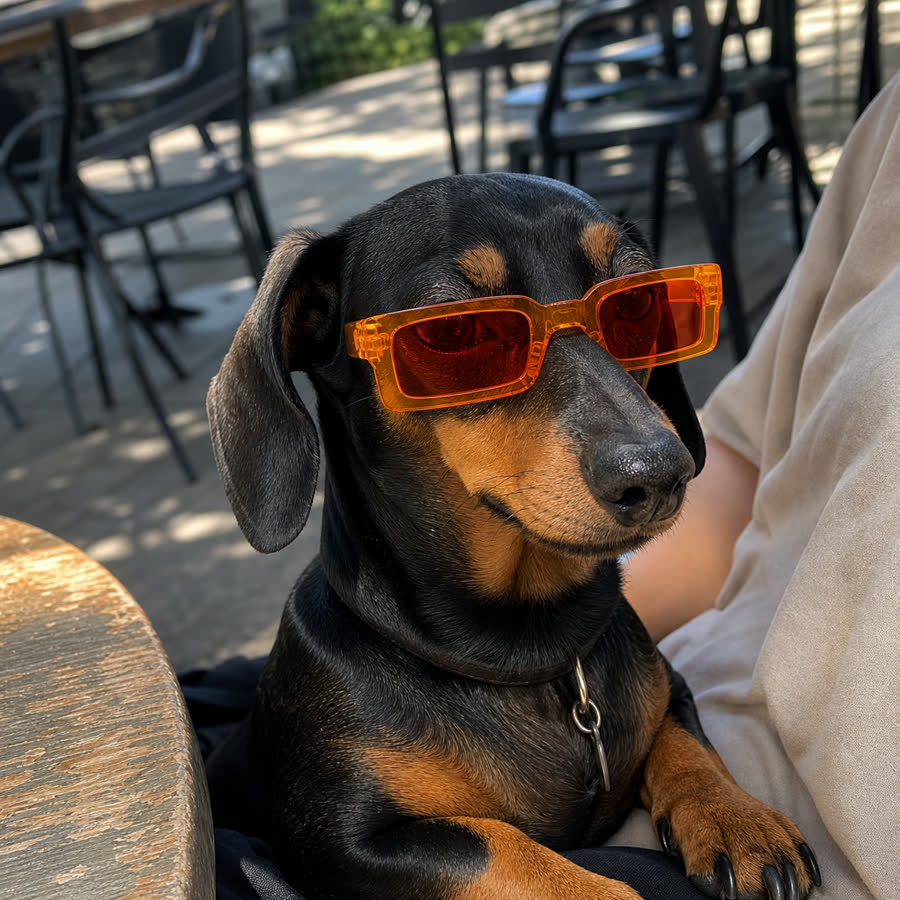 Dachshund wearing orange pet sunglasses at an outdoor cafe
