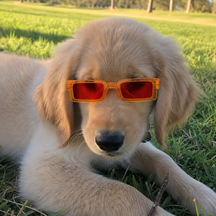 Golden retriever wearing LuluPengu pet sunglasses in a park