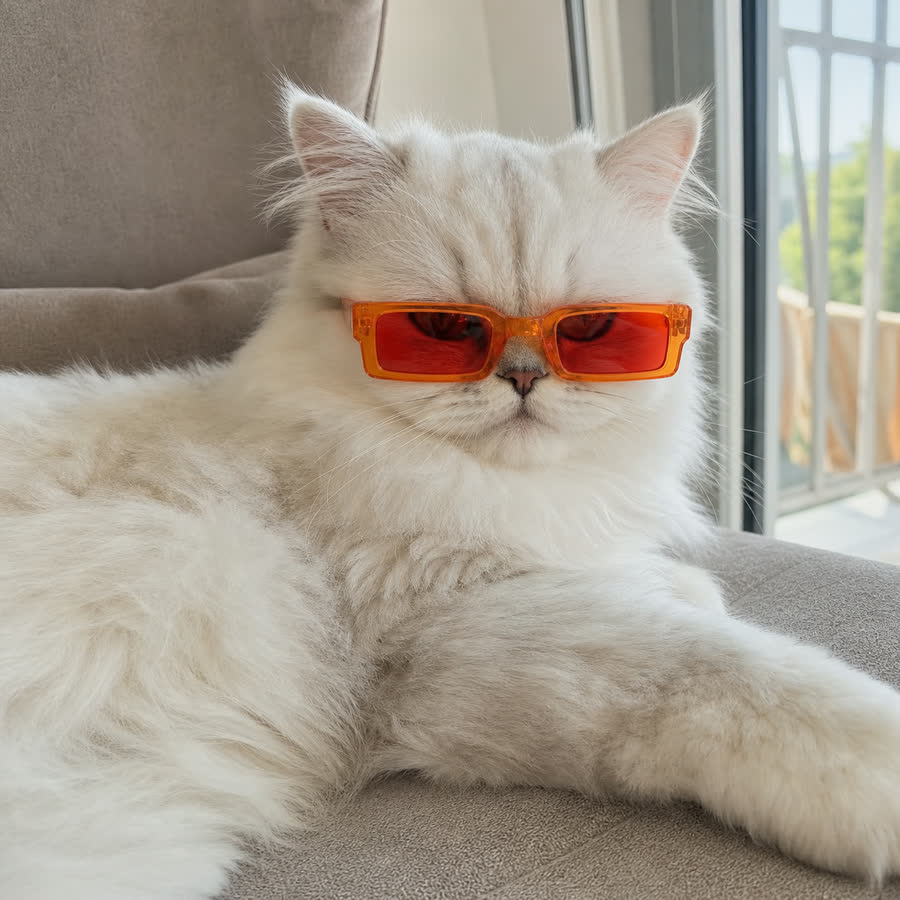 Persian cat wearing pet sunglasses on a couch