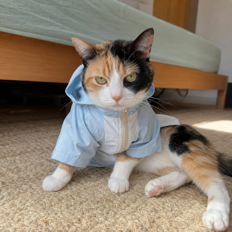 calico cat with Pet Windbreaker Jacket in a warm bedroom rug