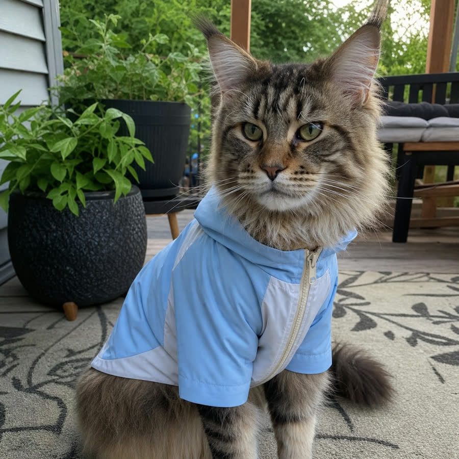 Maine Coon cat with Pet Windbreaker Jacket in a covered porch with plants
