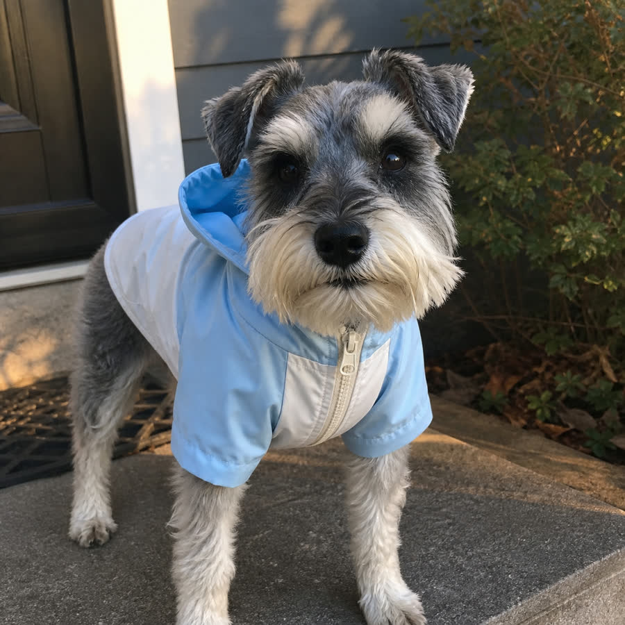 mini schnauzer with Pet Windbreaker Jacket in a front step in soft evening light