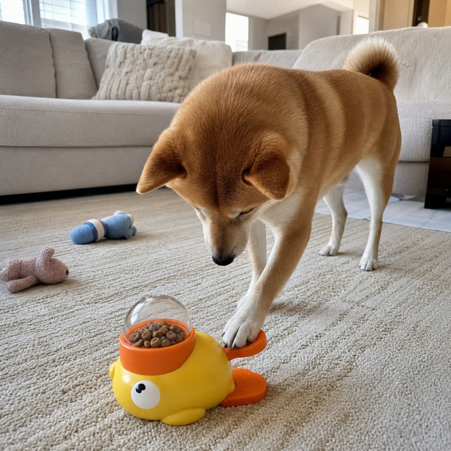 Shiba Inu with Press-and-Treat Pet Toy in a living room with toys in the background