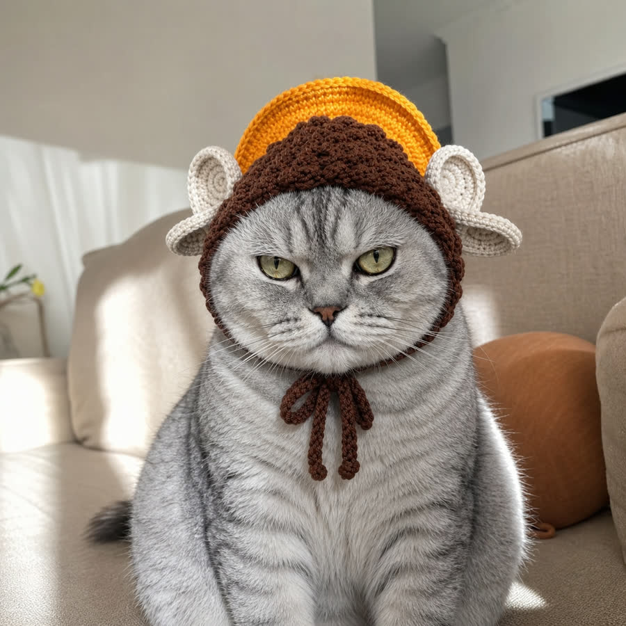 British shorthair cat wearing the Rulai Buddha Pet Hat on a sofa
