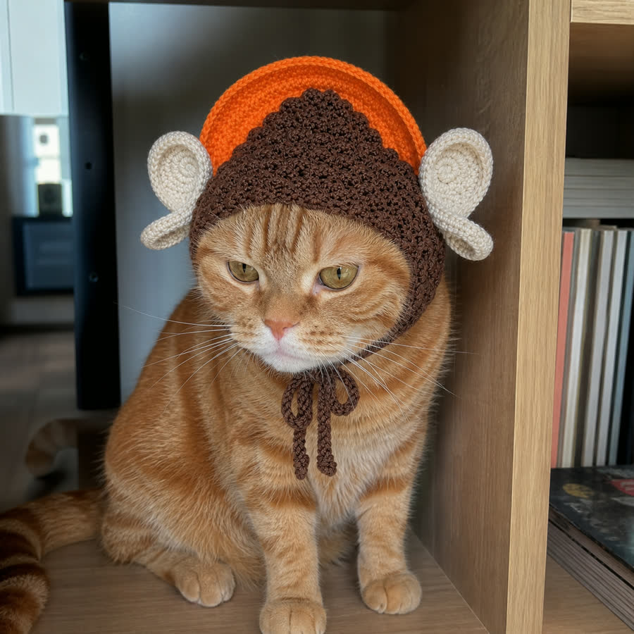 Orange tabby cat wearing the Rulai Buddha Pet Hat near a shelf