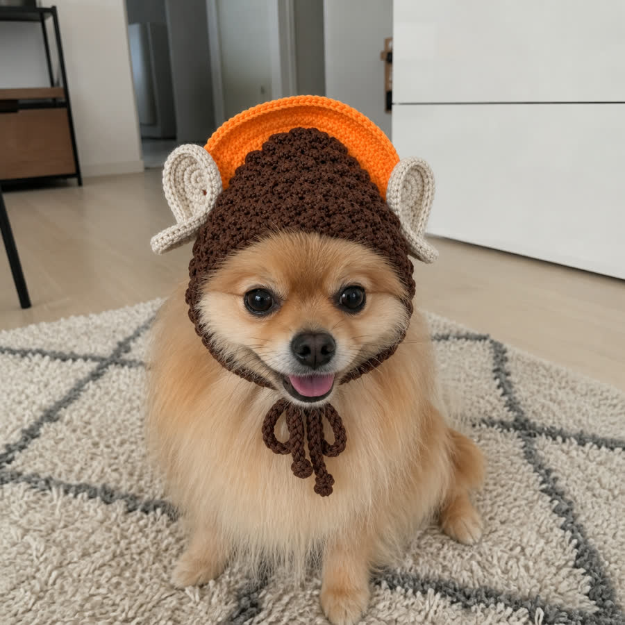 Pomeranian wearing a Rulai Buddha pet hat on a rug