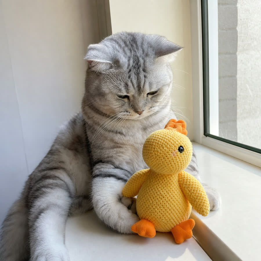 silver tabby cat with Squeaky Duck Pet Toy in a window ledge with afternoon light