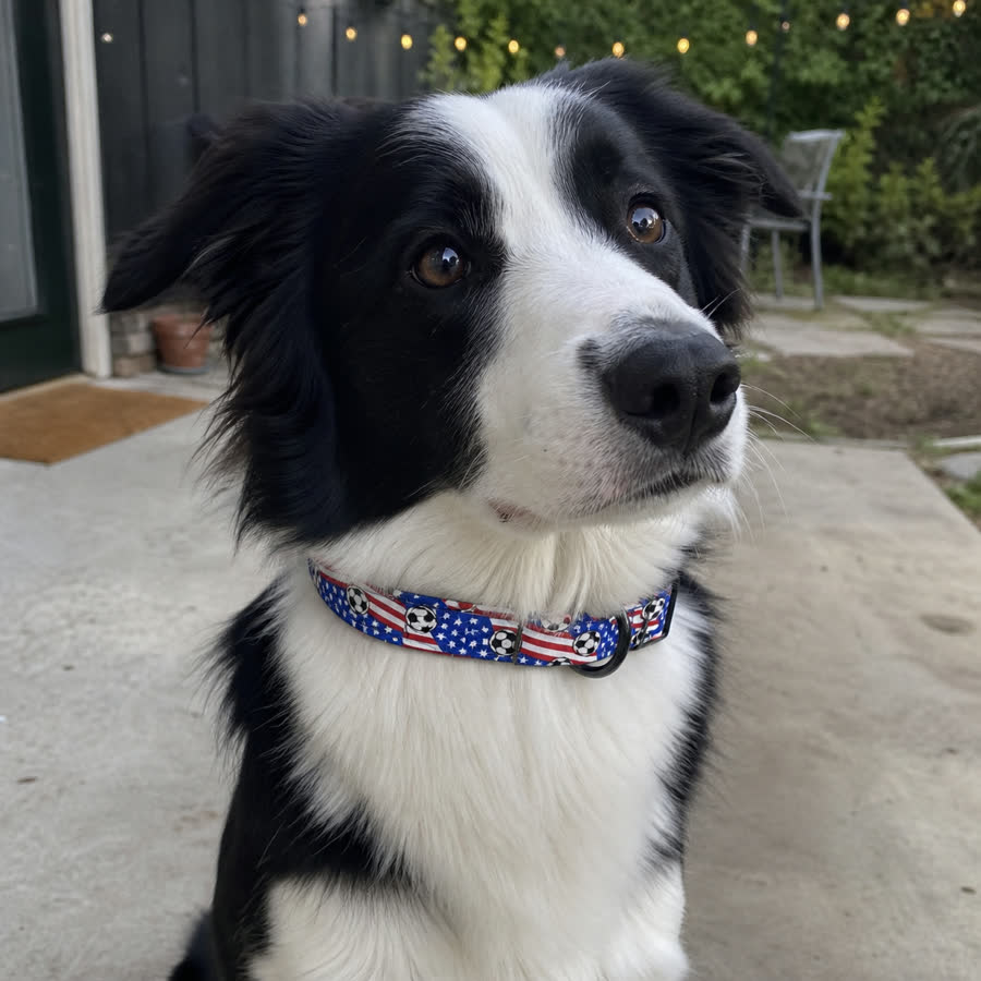 black-and-white border collie with Summer Football Adjustable Pet Collar in a back patio after a walk