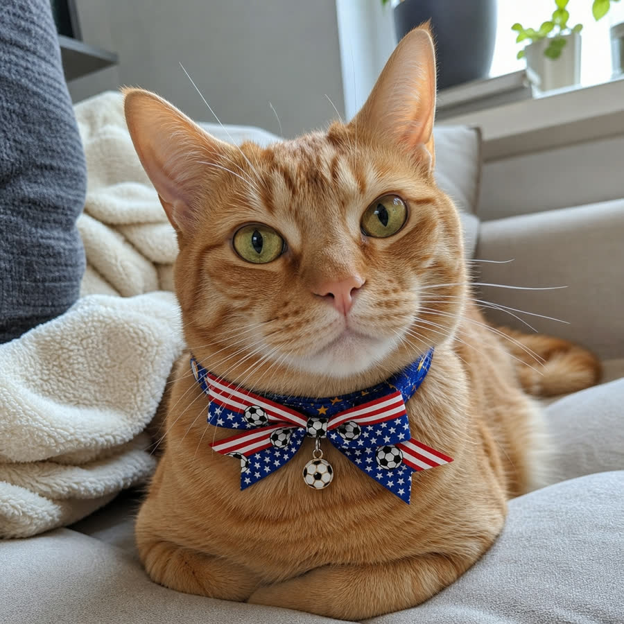 orange tabby cat with Summer Football Adjustable Pet Collar in a cozy sofa corner