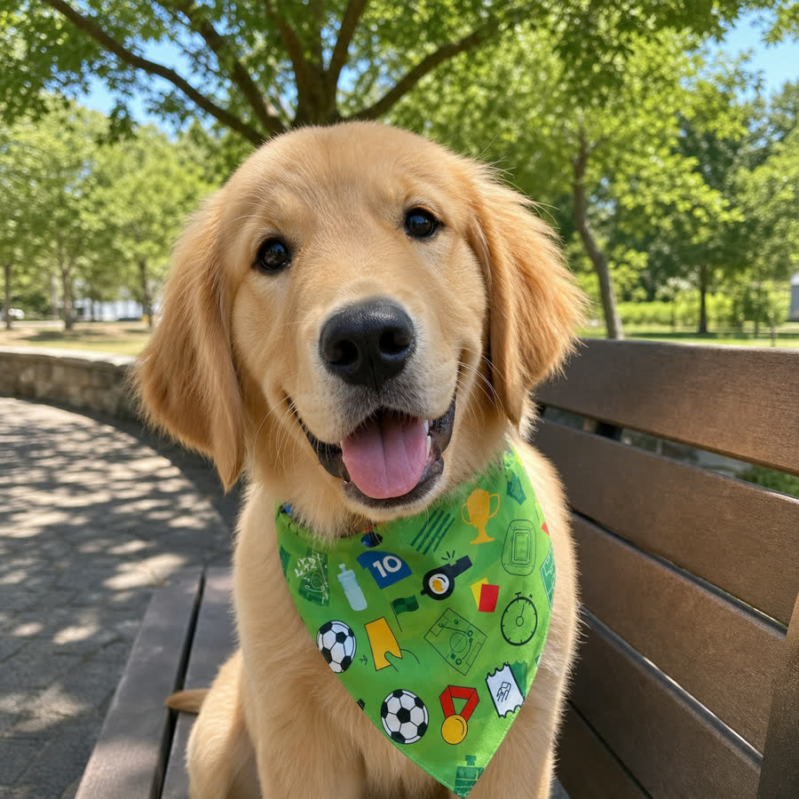 golden retriever puppy with Summer Football Pet Bandana in a sunny park bench