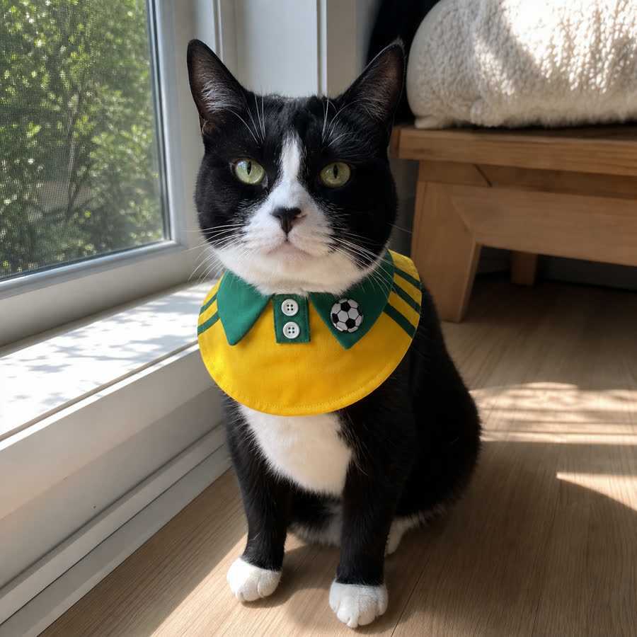 Tuxedo cat wearing the Summer Football Pet Bib by a window