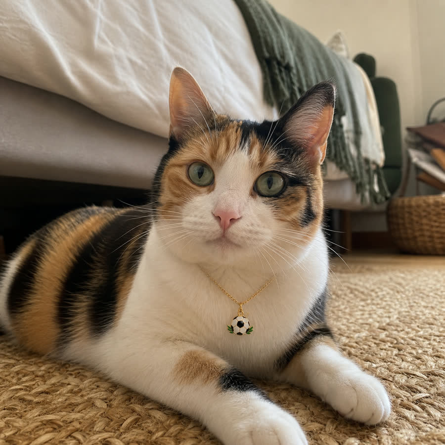 calico cat with Summer Football Pet Charm Necklace in a warm bedroom rug