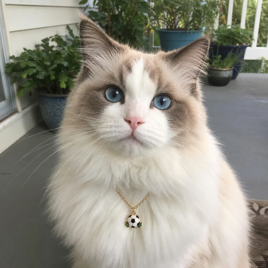 Maine Coon cat with Summer Football Pet Charm Necklace in a covered porch with plants