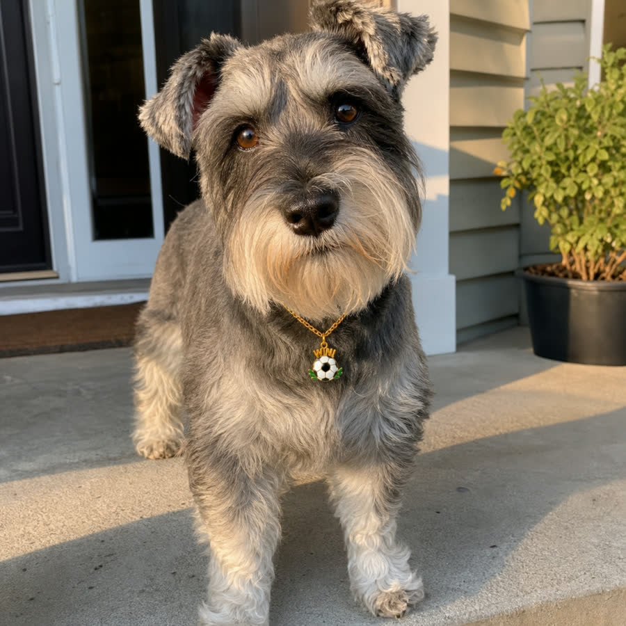 mini schnauzer with Summer Football Pet Charm Necklace in a front step in soft evening light