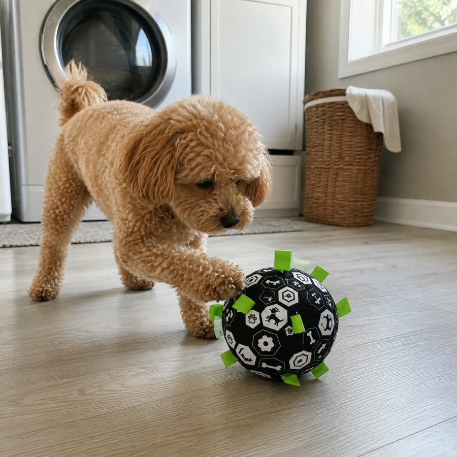 toy poodle with Summer Football Pet Toy in a bright laundry room