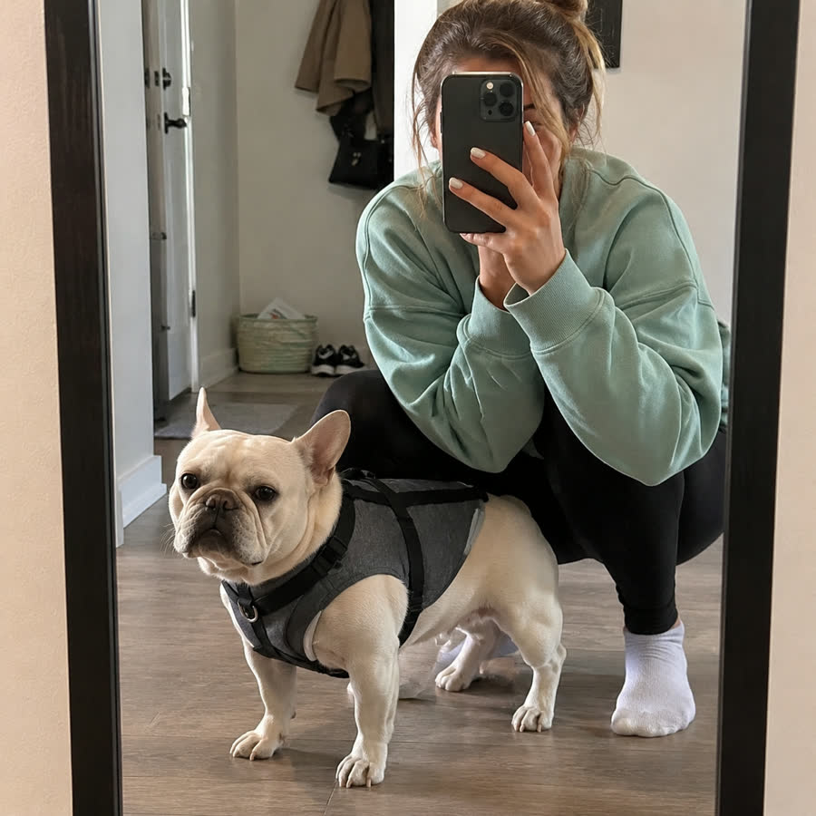 cream French bulldog with Utility Pet Vest in a apartment entryway mirror
