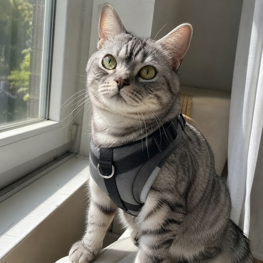 silver tabby cat with Utility Pet Vest in a window ledge with afternoon light