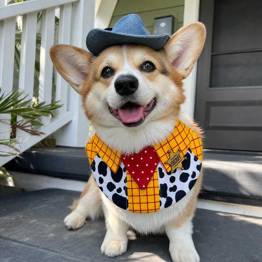 Corgi wearing a yellow plaid pet bib with a cowboy hat