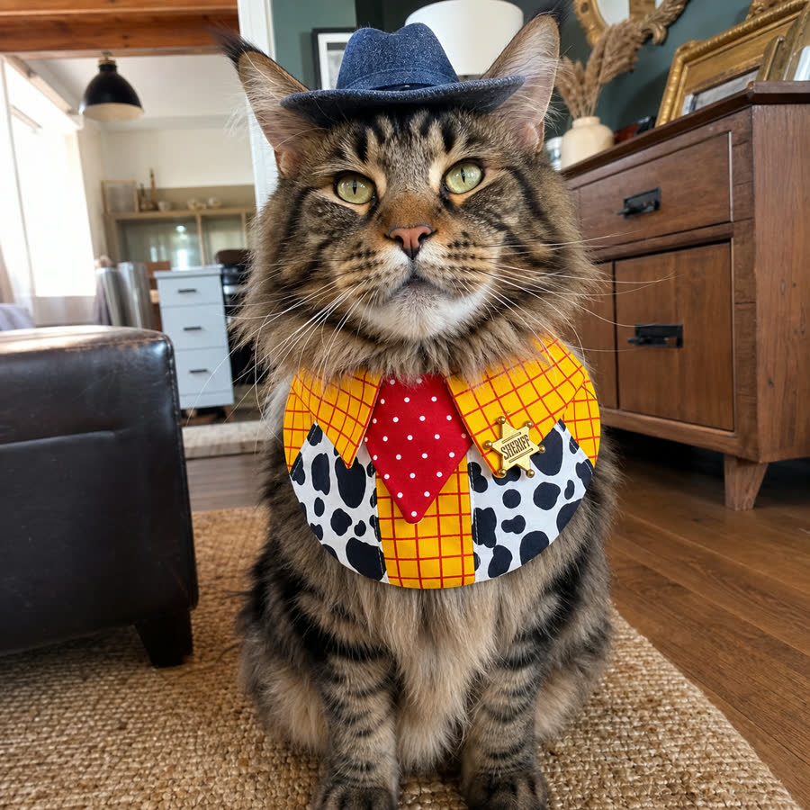 Maine Coon cat wearing the Yellow Plaid Pet Bib with a denim cowboy hat