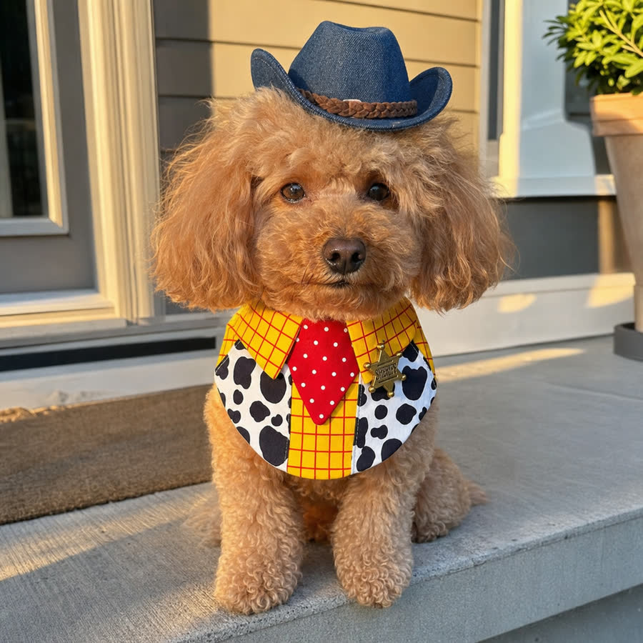 Toy poodle wearing the Yellow Plaid Pet Bib with a denim cowboy hat
